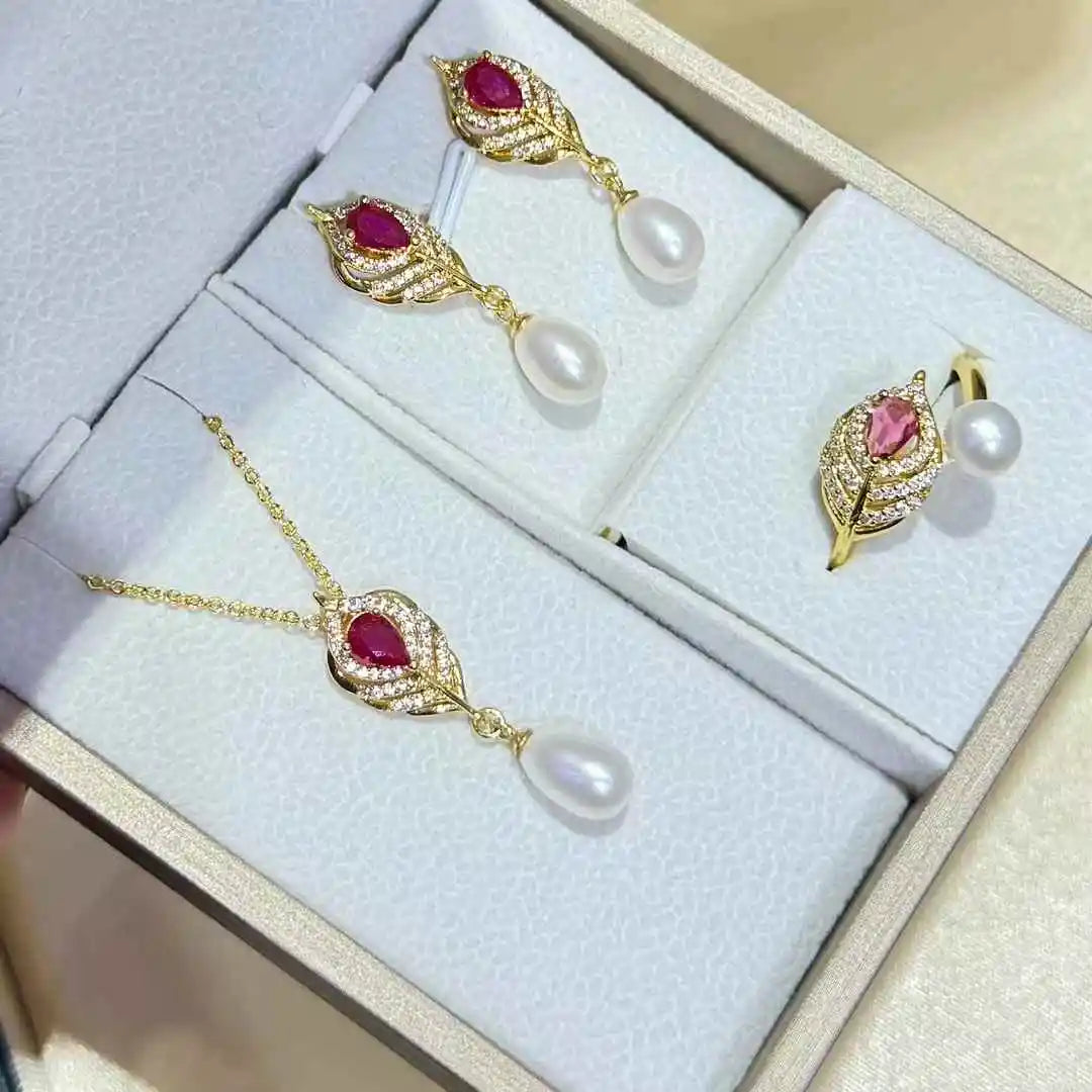 New Value Red Treasure Feather Gold Plated Freshwater Pearl 6-8mm Water Drop Necklace Earrings Ring Set for Women Engagement