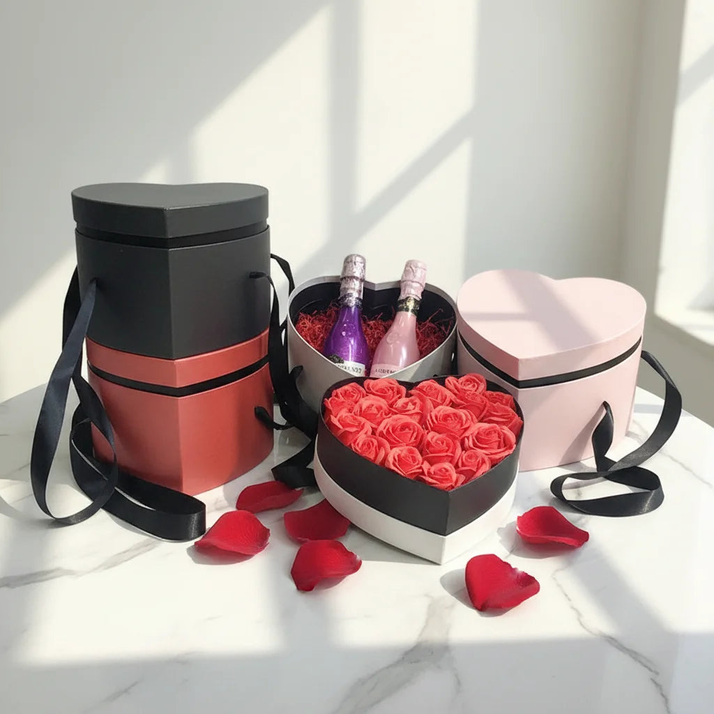 Valentine's Day love Heart Box Two-layer Flower Box with a Handle Rope Heart Gift Packaging Box