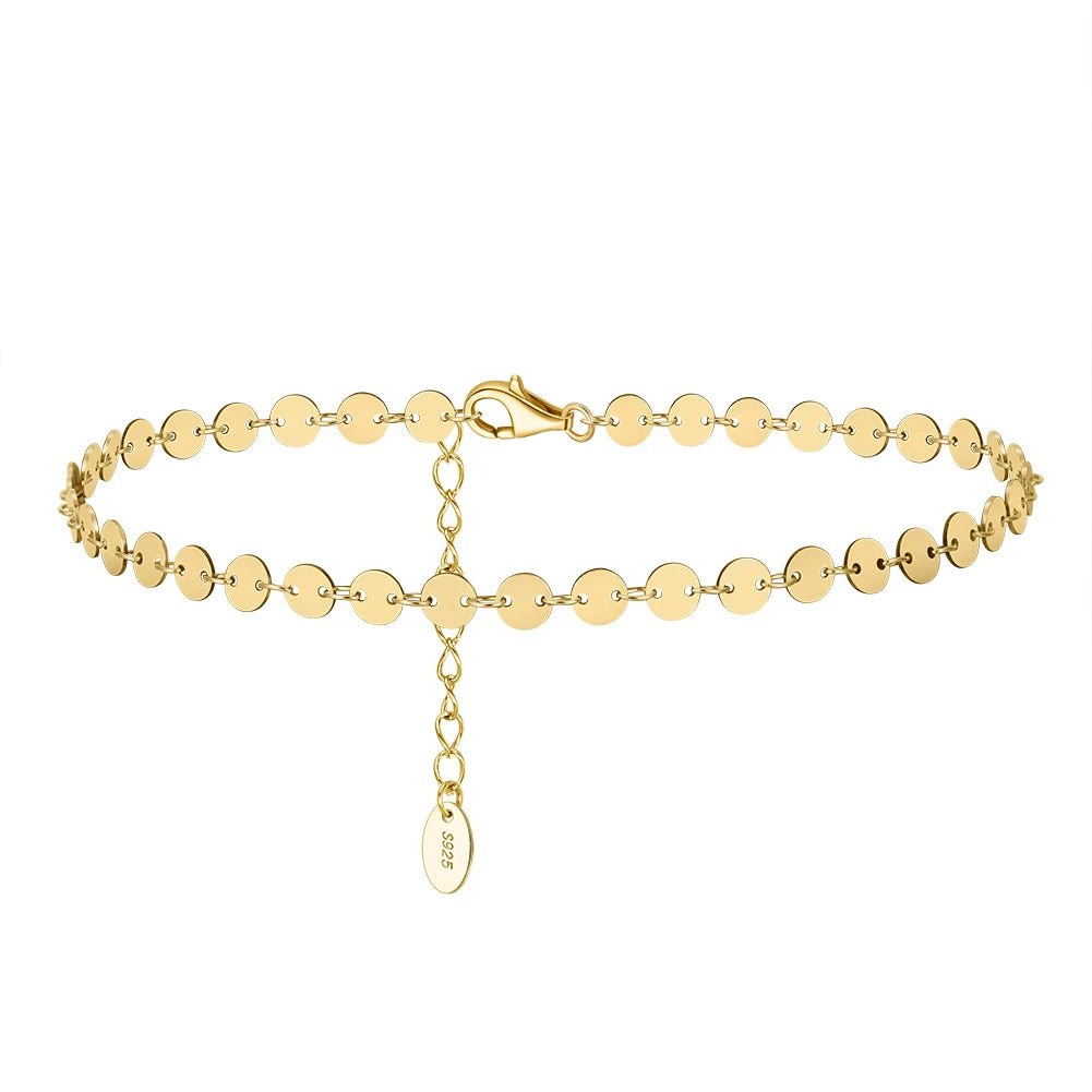 RINNTIN SA25 S925 Sterling Silver Summer Beach Gold Foot Jewelry 4mm Round Plate Chain Anklet for Women