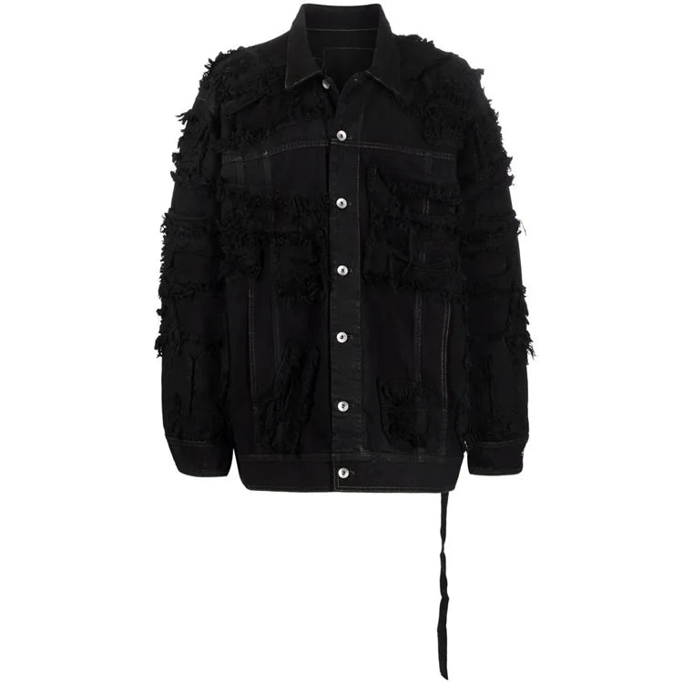 Custom Oversize Denim Jackets for Men 100% Cotton with Frayed Edge and Fuzzy Black Jean Patchwork Design Coated Processing
