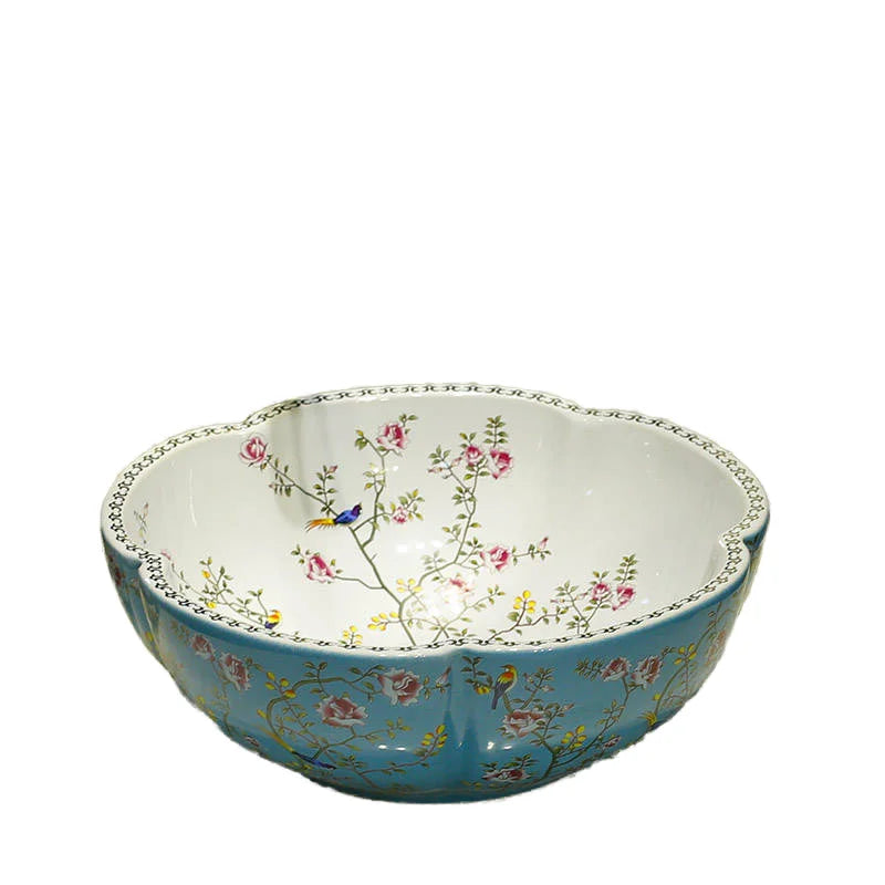 Handmade Blue Porcelain Bathroom Counter Top with White Flower and Bird Pattern round Ceramic Wash Basin and Sink