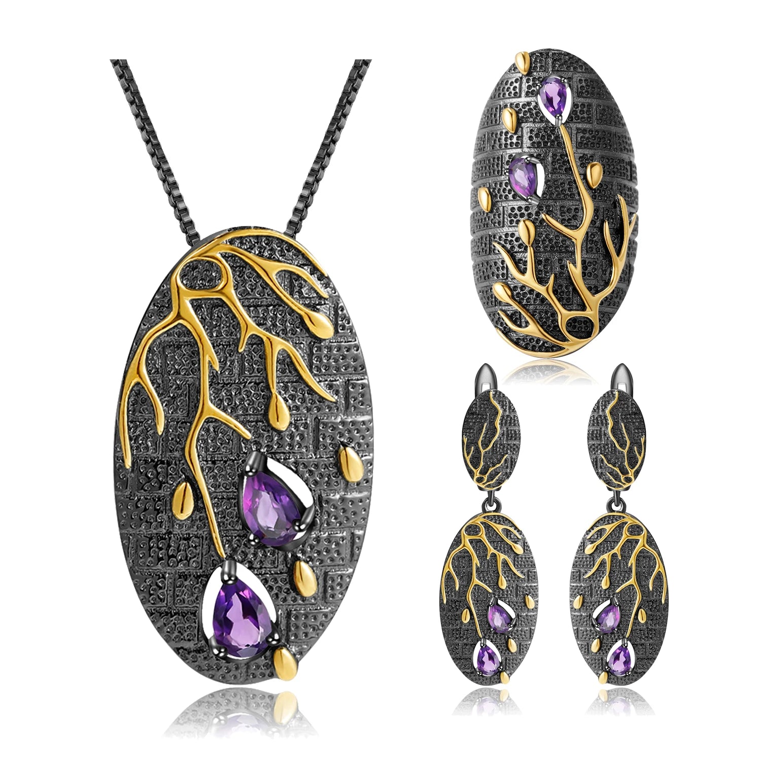 C7878 Abiding Handcrafted Fine Jewelry Botanic Series Natural Amethyst Gems 925 Sterling Silver Jewelry Sets