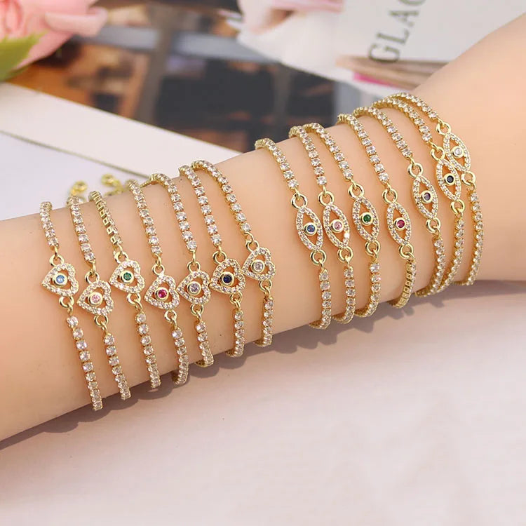 BC1450 Adjustable Minimalist Mini 18k Gold Plated CZ Cubic Zirconia Evil Eyes Tennis Spiritual Chain Slide Bracelets for Women