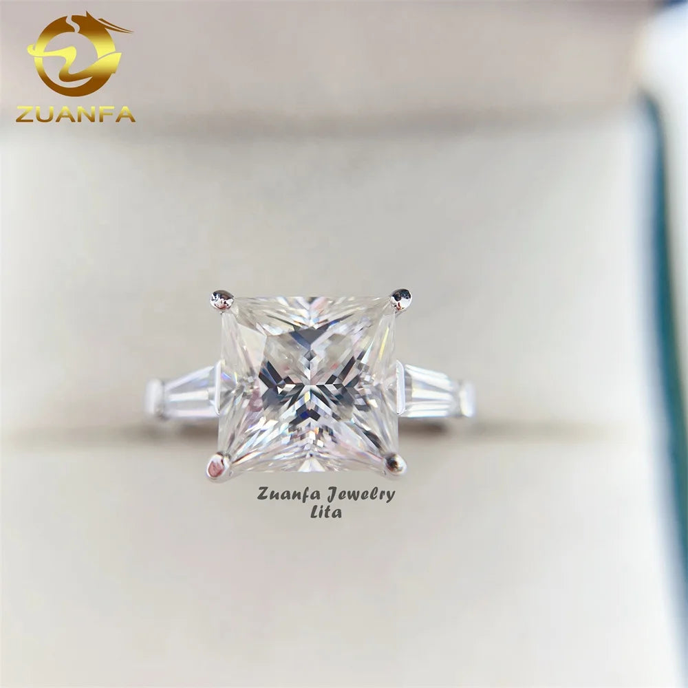 18k Gold Engagement Three Stone Trapezoid Princess Cut 4 Carat VVS D Color Moissanite Diamond Ring