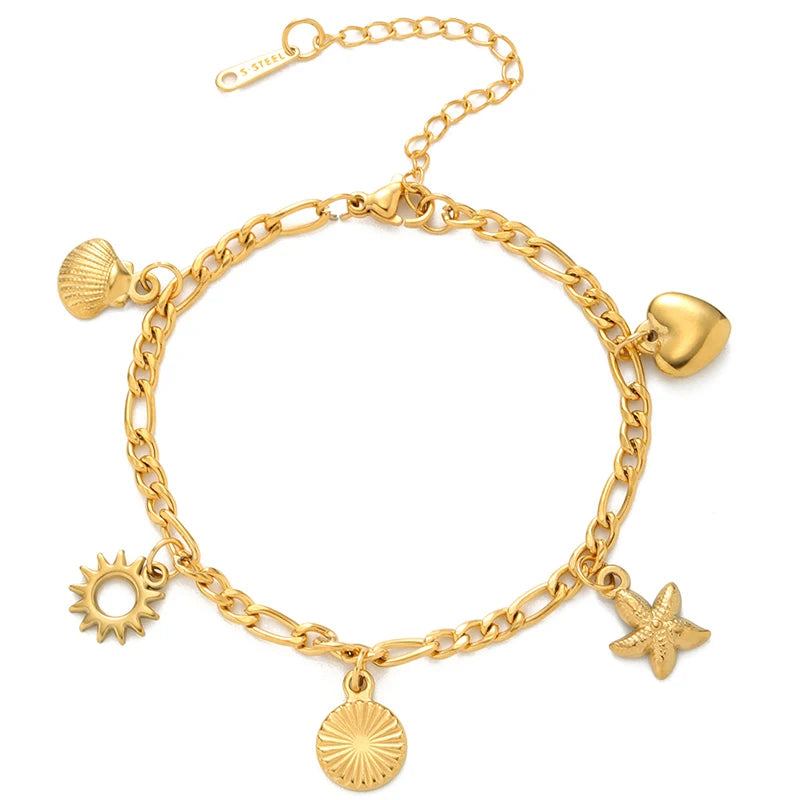 Elegant Stainless Steel Sun Pendant Bracelet with Star Heart Shell Charm Geometric Jewelry As Gift Accessory