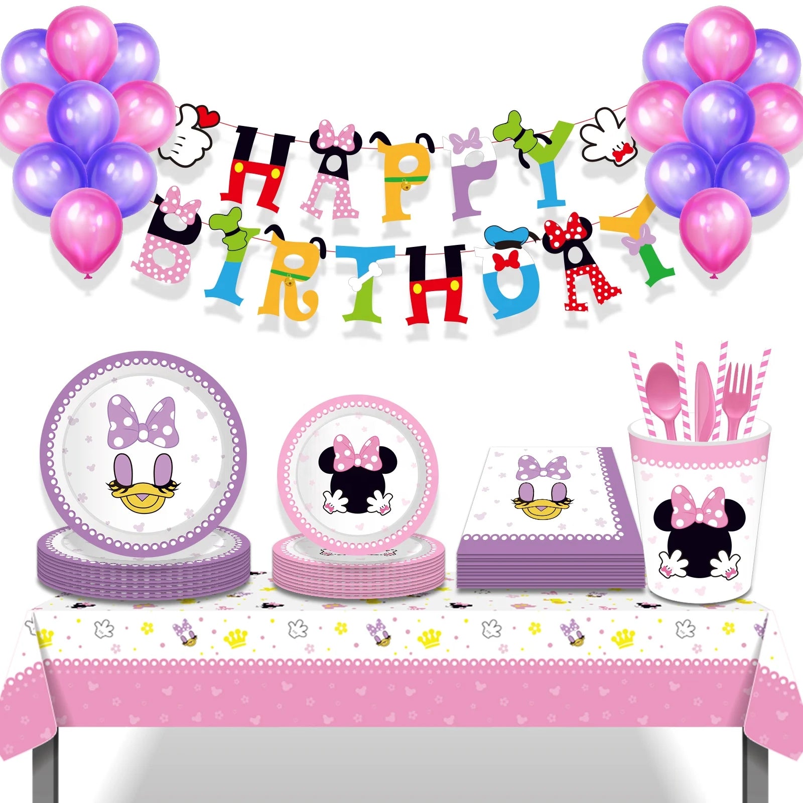 Huancai Cartoon Minnie Party Supplies Paper Plates Cups Napkins Disposable Tableware Set for Kids Girls Birthday Party Supplies