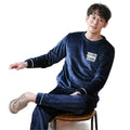 Men's Solid Pajamas Set Solid Fleece O-neck Long Sleeve Men Fleece Pajamas Navy Color