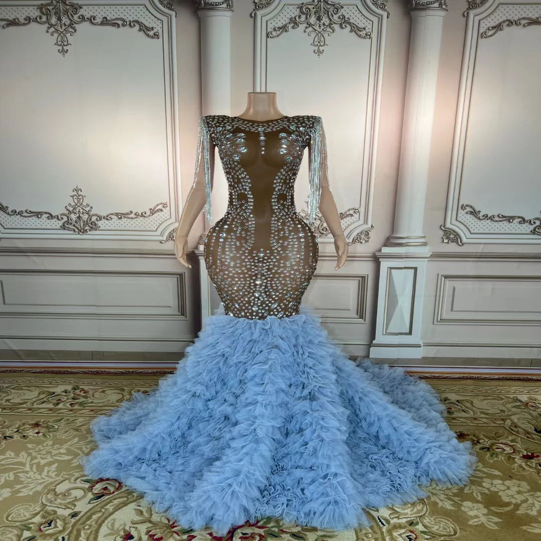 Party Crystals Pearls Sexy Mesh Dress Prom Evening Sexy Transparent Rhinestones Costume Birthday Feather Dresses