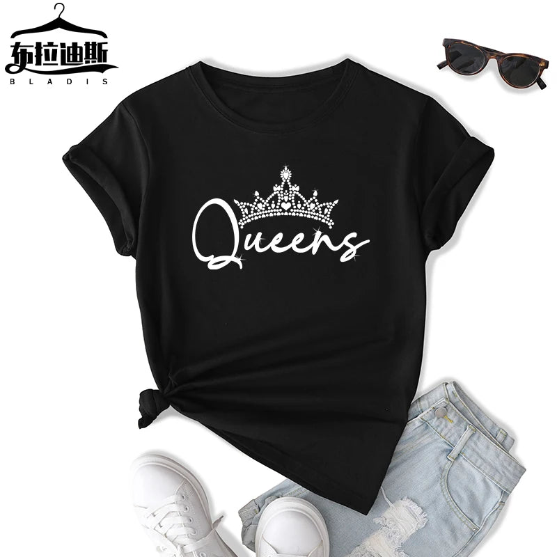 Wholesale Casual Loose Fit Queen Solid Letter Logo Graphic T-Shirts Women Breathable Cotton Crew Neck Eco-Friendly Anti-Pilling