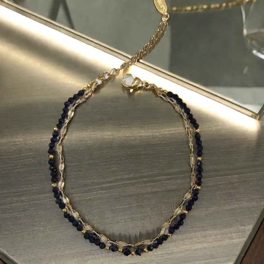 Double Layer Crystal Beaded Bracelet with Stainless Steel Lip Chain Fashion Jewelry Bangle