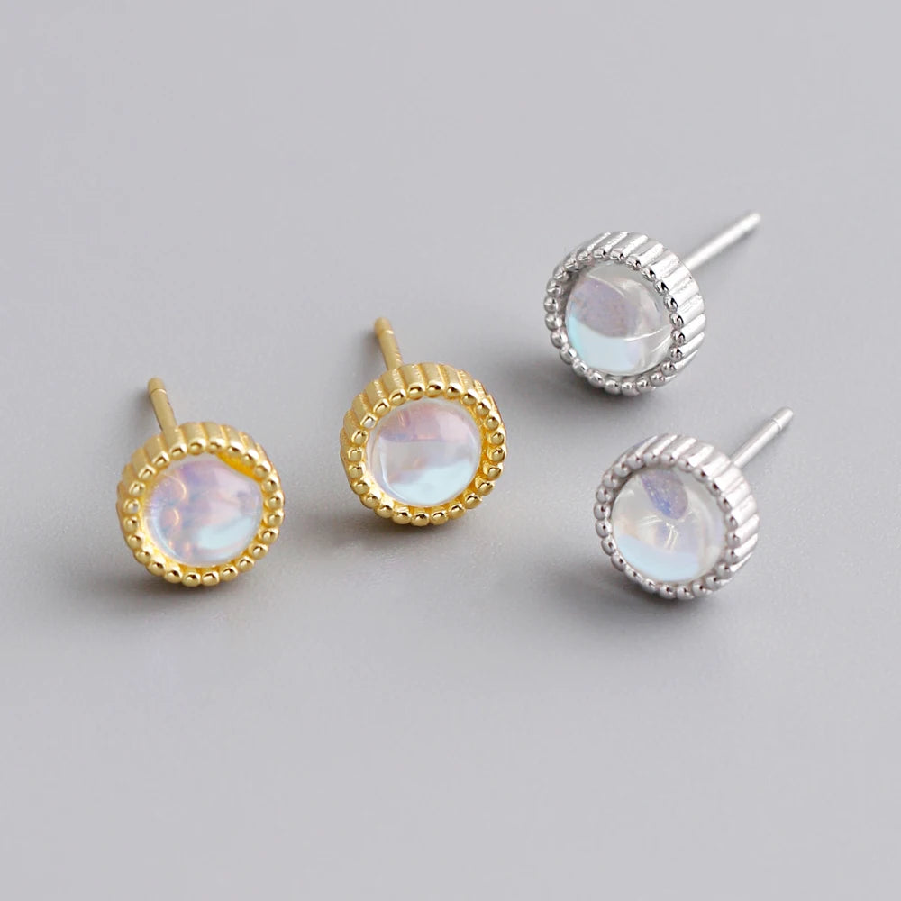Fashion 925 Sterling Silver Circular Moonlight Stone Gold Plated Stud Earring Jewelry for Women