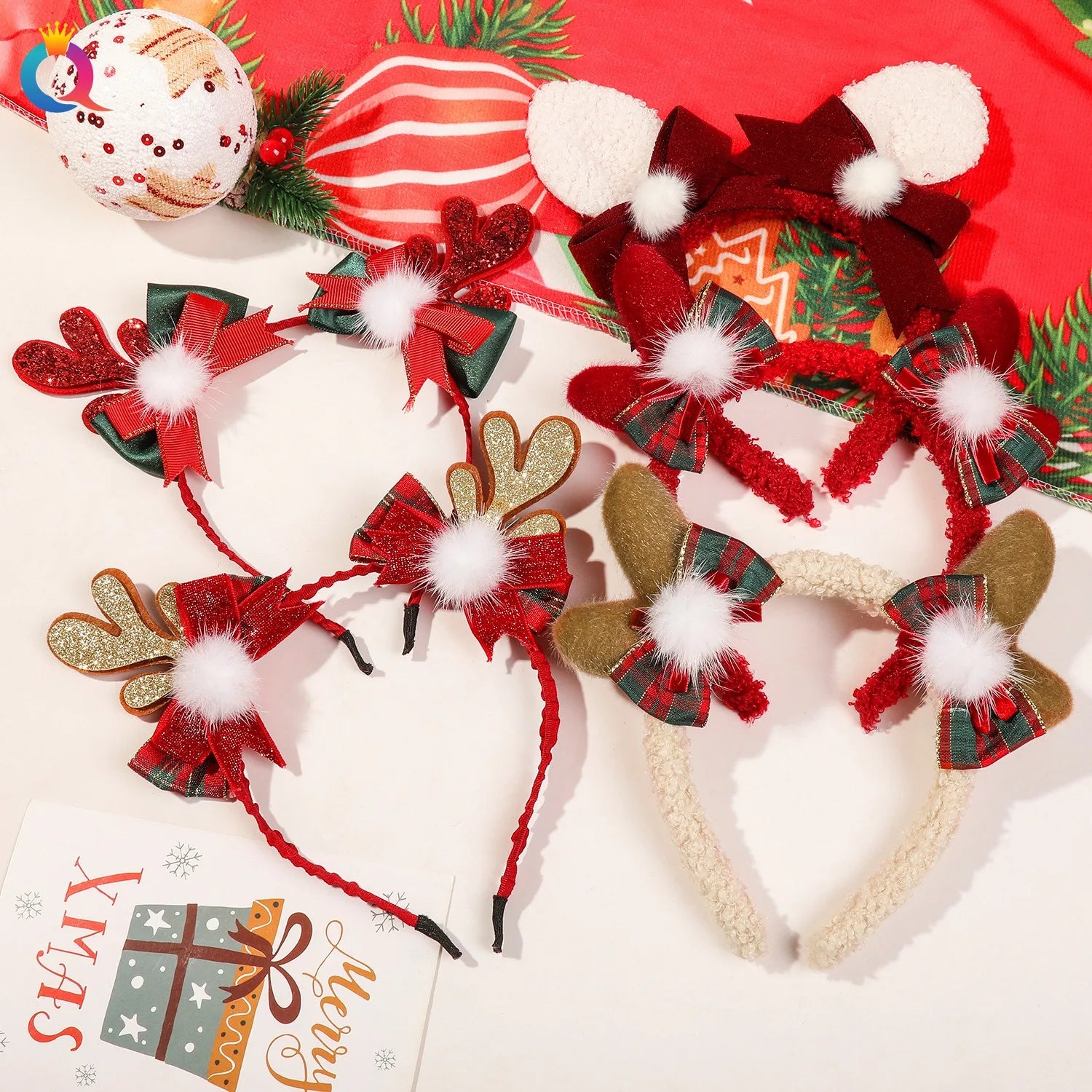 QIYUE Christmas Antlers Plush Headbands Elk Bowknot Glitter Headbands Women's Hair Accessories