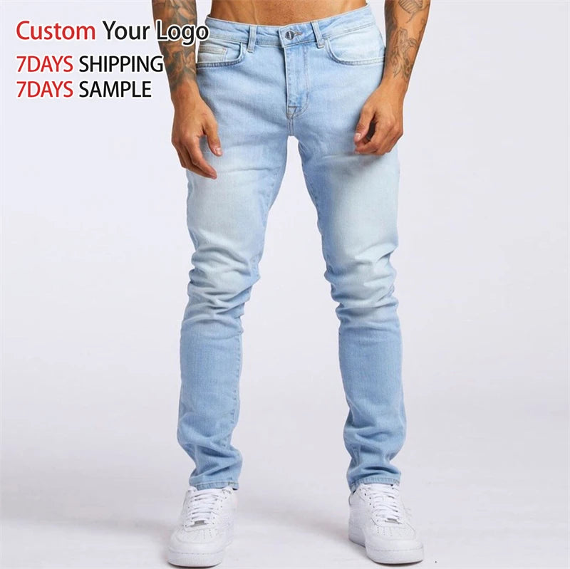 High Quality Mid Waist Micro Elastic Denim Jeans Hole Tight Stretch Custom Streetwear Straight Stacked Slim Fit for Men Jeans