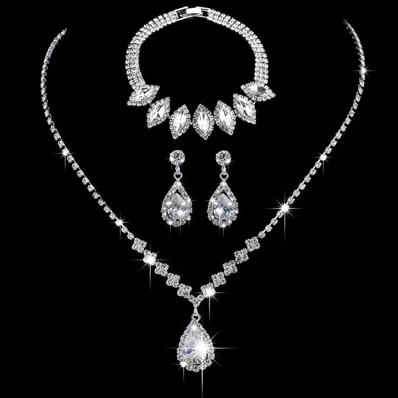 Full Diamond Zircon Exquisite Jewelry Set Stylish Elegant High Sense Bridal Necklace Earrings Accessories
