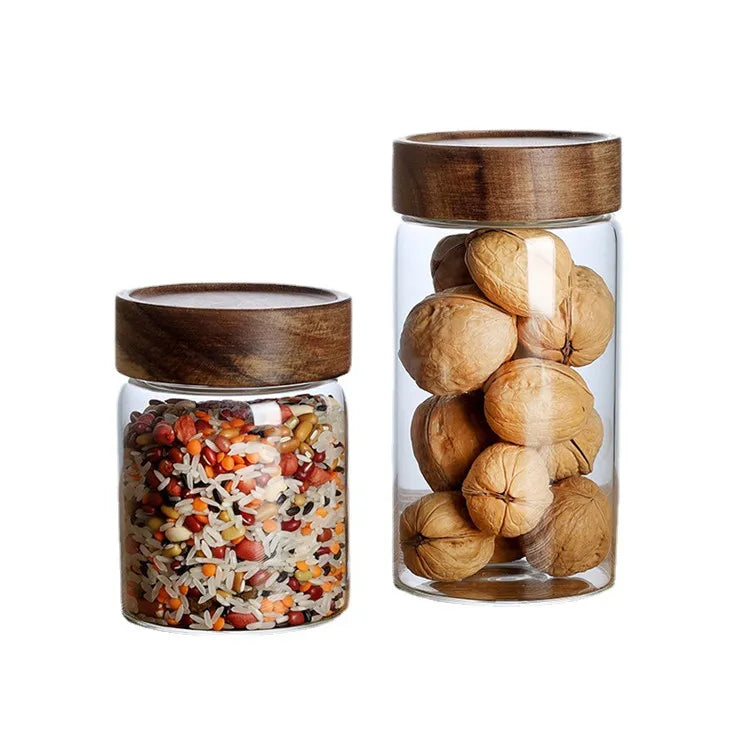 With Acacia 8cm Diameter Glass Spice Jars Wood Lid Camping Kitchen Food Container Storage Bottles & Jars Handmade Multifunction