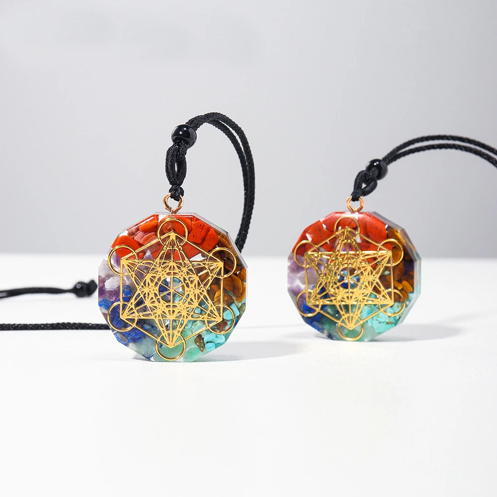 Chakra Stone Resin Necklace Resin Coated Crystal Chips Semi Precious Stone Orgon Polygon Geometric Pendant