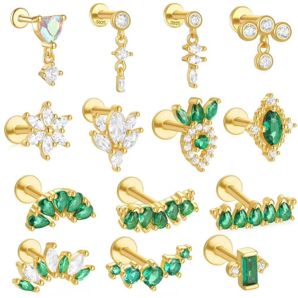 Dainty 925 Sterling Silver Shiny Eye Green Zirconia Dangle Tassel Flat-end Stud Earring Fashion Piercing Jewelry