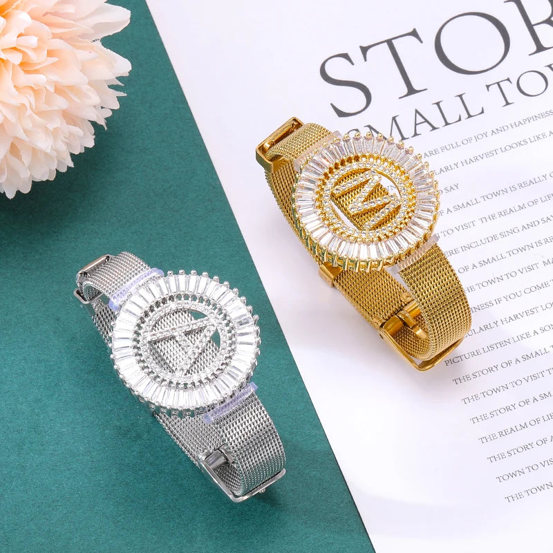 HOVANCI Newest Design Stainless Steel Custom Alphabet Wristband Bracelet Iced Out Mirco Pave Zircon CZ Initial Letters Bracelet