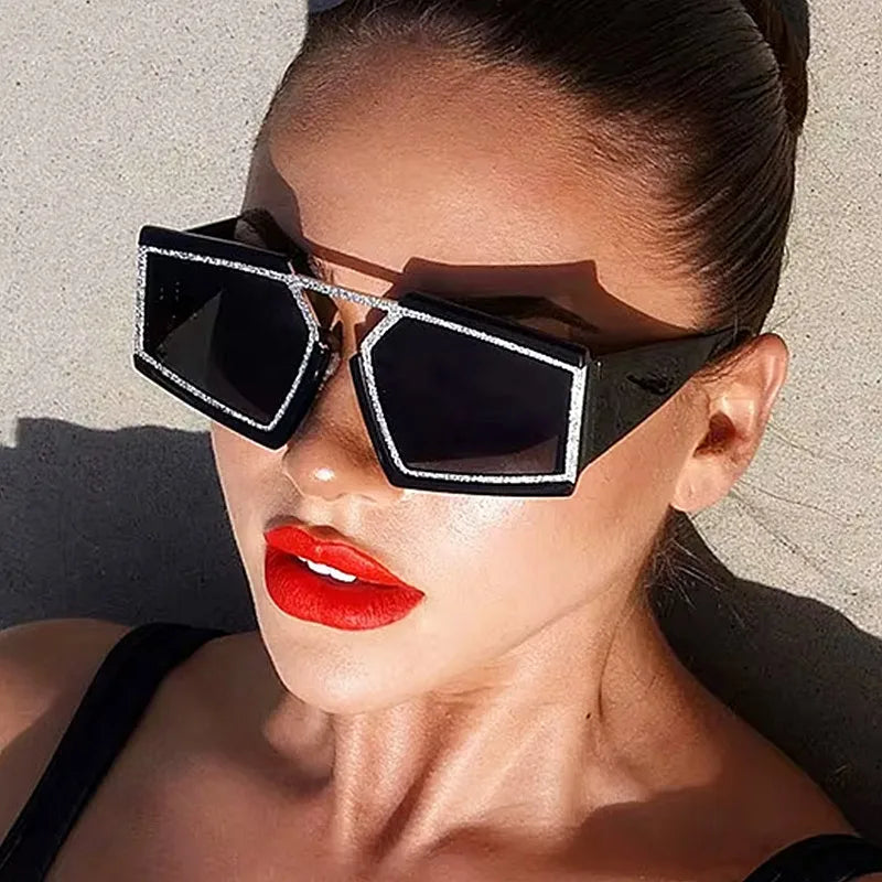 Wholesale Custom Logo Fashion Women Polygon Sunglasses UV400 Metal Frame Irregular Oversized Square Sunglasses Women MegaBDM