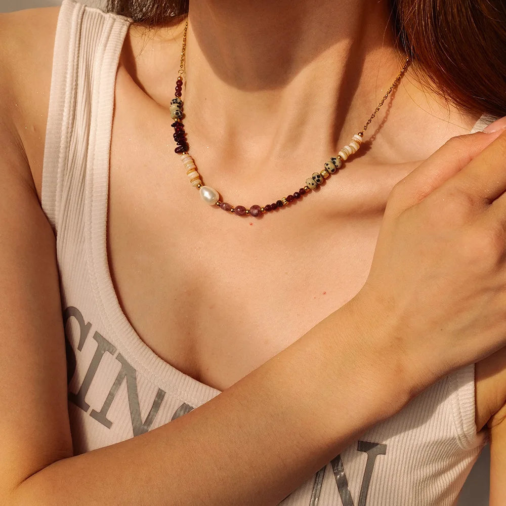 Fahion Stainless Steel Freshwater Pearl Round Necklace Shell Beaded Chokers Necklaces for Women