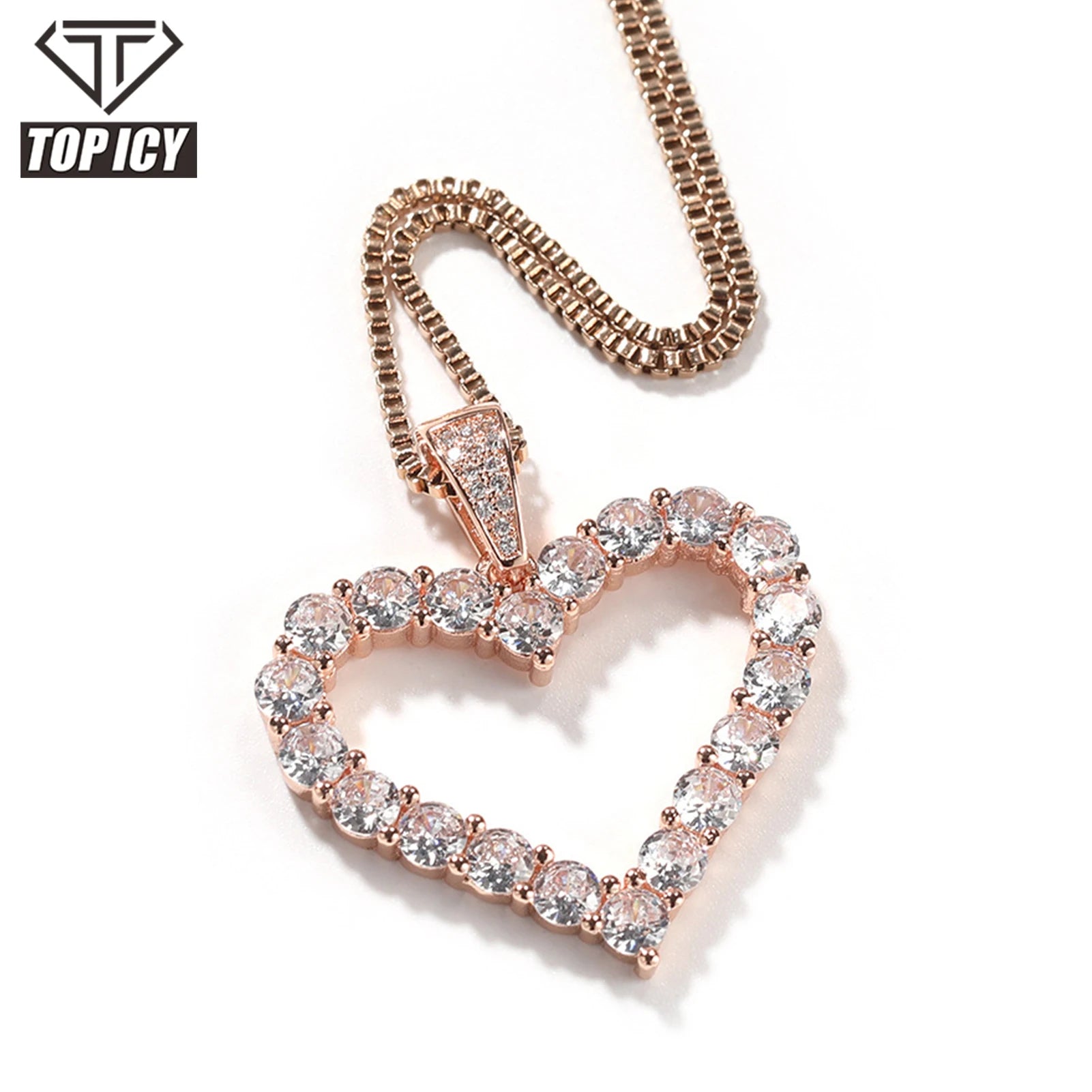TOP ICY Simple Design 5mm 5A Cubic Zircon Heart Pendant Necklace Iced Out Diamond love Family Rose Gold Women Luxury Necklace