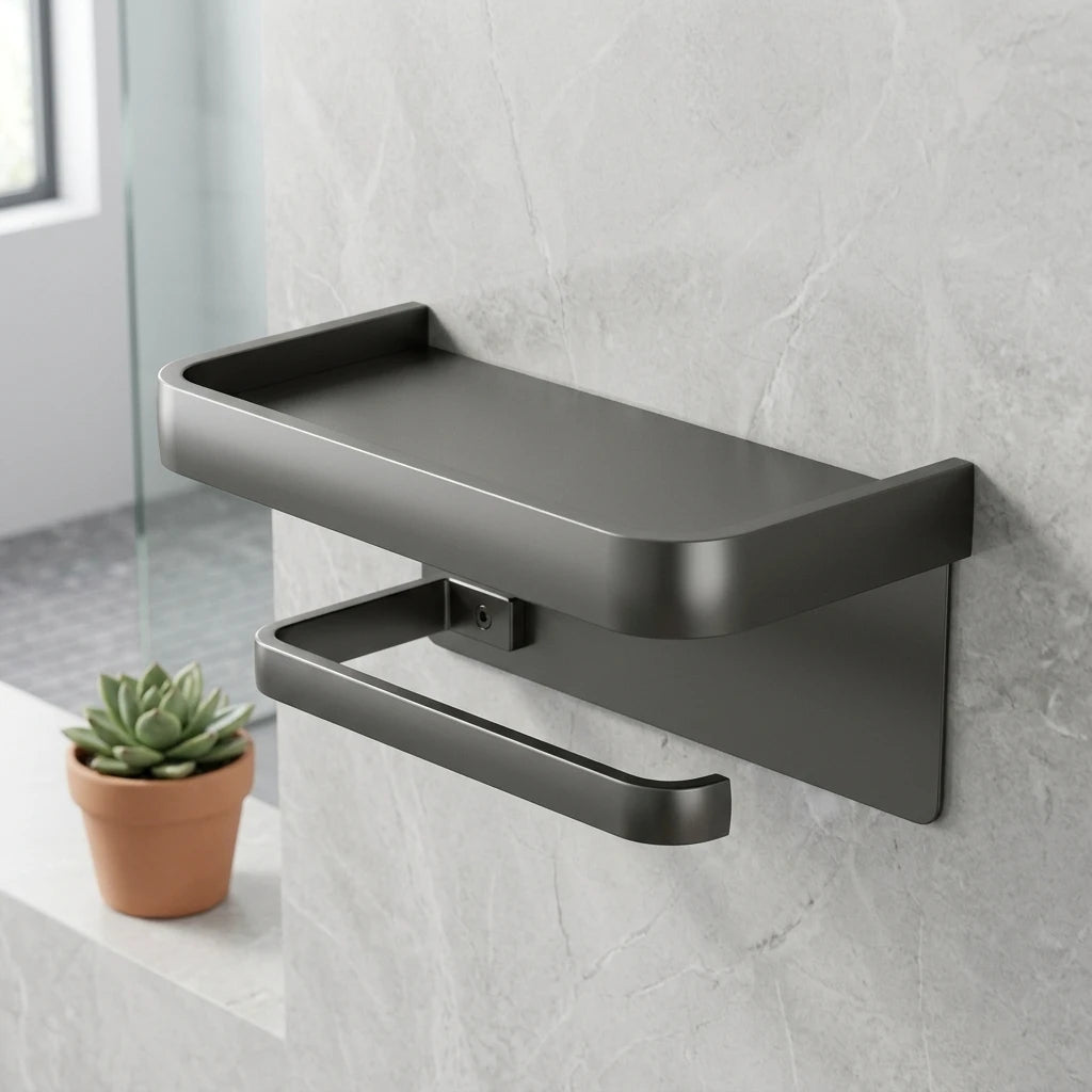Square aluminum alloy wall-mounted bathroom storage rack without drilling - mobile phone and tissue holder for home bathrooms
