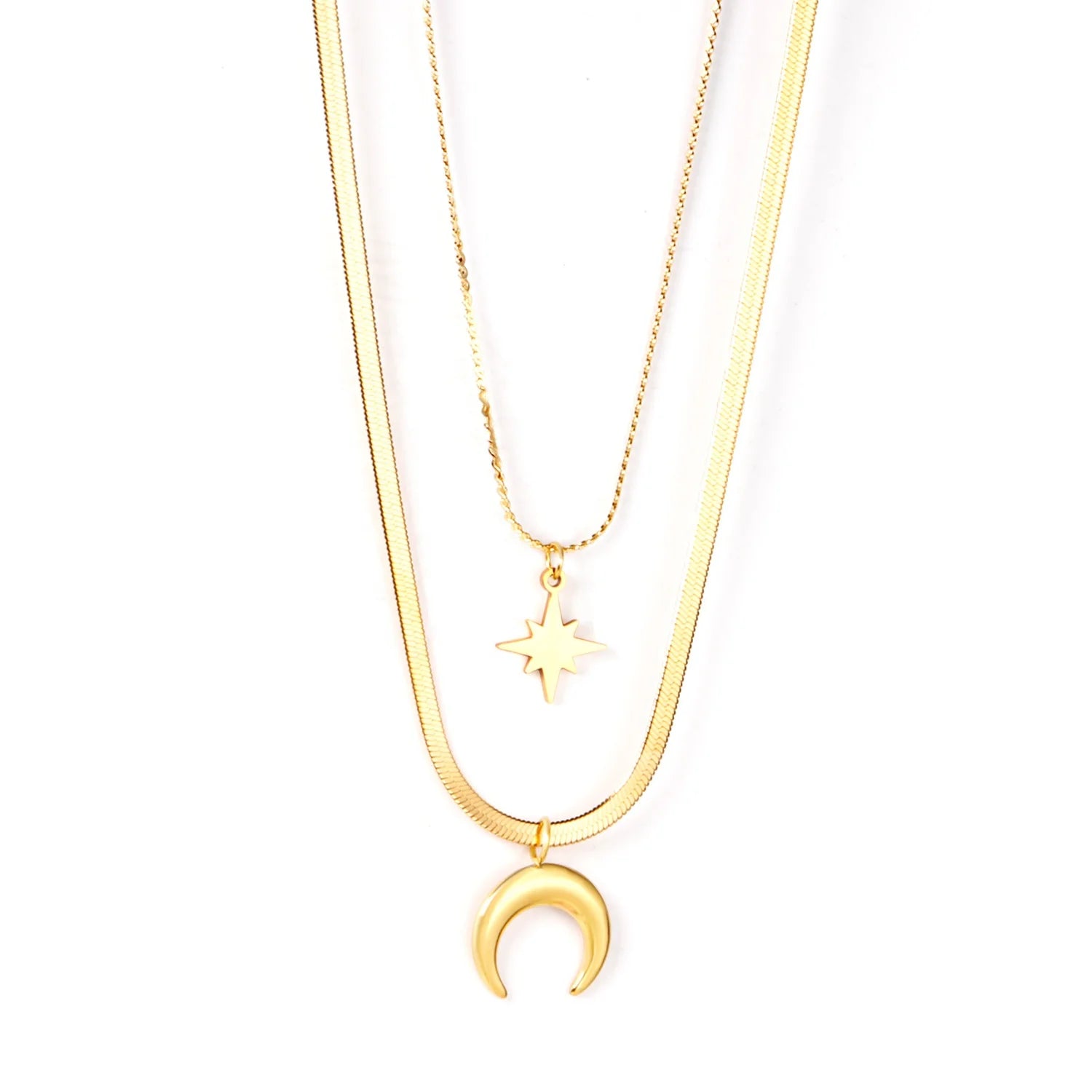 ASON Jewelry Wholesale 18k Gold Plated Star Moon Necklace Stainless Steel Double Layer Pendant Necklace for Women