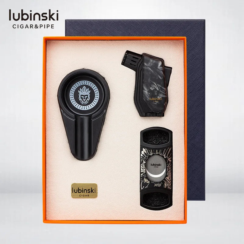 Cigar Torch Lighter Ceramic Ashtray and a Three-in-one Luxurious Gift with a Cigar Cutter