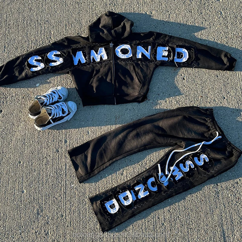 Custom Streetwear Washed Heavyweight Distressed Oversize Zip up Hoodies Unisex Sweatpants and Hoodie Set