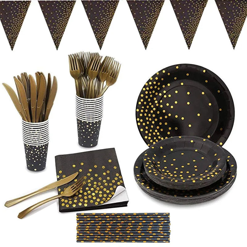 Bronzed and Thick Black Polka Dot Birthday Party Paper Plate Tissue Paper Cup Tableware Set for a Variety of People