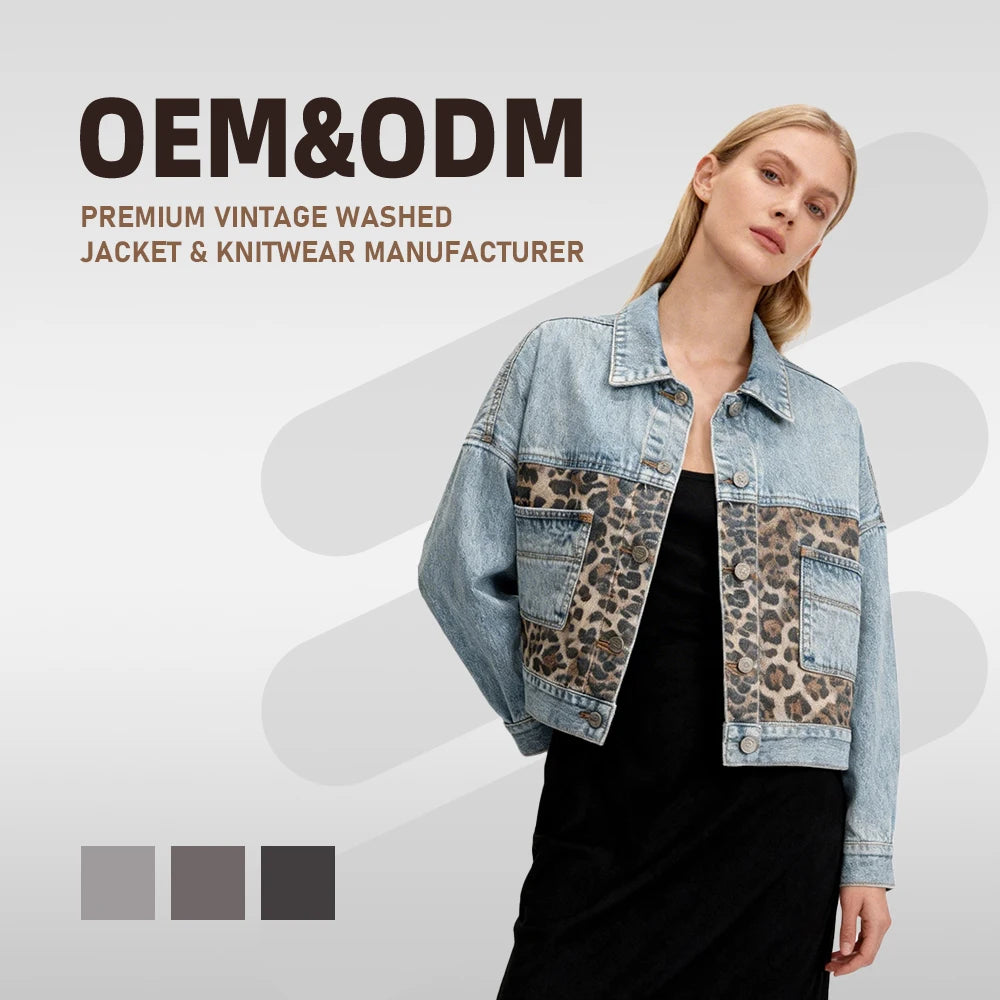 New Denim Coat Women Long Sleeve Coat Women Leopard Print Patchwork Top