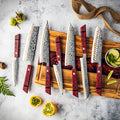 Premium 55 Layers Copper Damascus Steel Kitchen Chef Knife Set Santoku Nakiri Bread Utility Knives Red Resin Carbon Fiber Handle