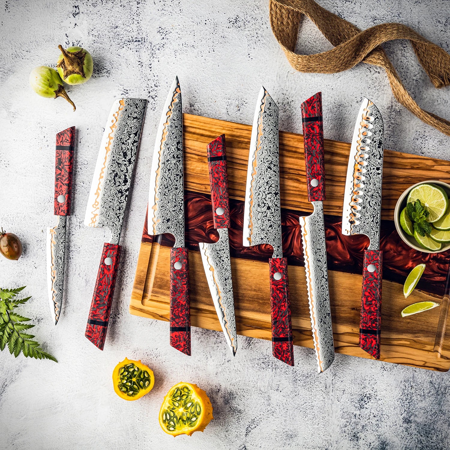 Premium 55 Layers Copper Damascus Steel Kitchen Chef Knife Set Santoku Nakiri Bread Utility Knives Red Resin Carbon Fiber Handle