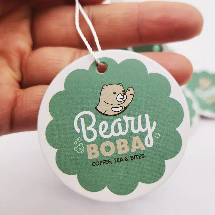 Glossy Coated Round Shape Personalized Logo  Custom Tshirt Tag Clothing Hangtag Garment Swing Tags