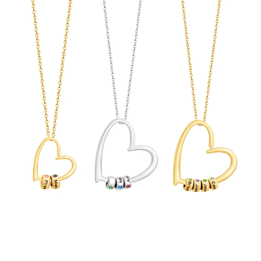 Heart Family Name Pendant Necklace Birthday Christmas Jewelry for Mother Grandma Wife Friends With Engravable Birthstone Beads