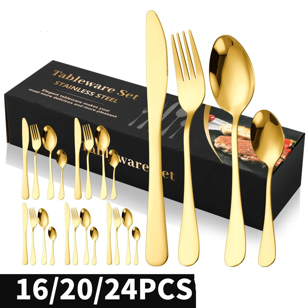 Hot Sale 1010 Stainless Steel Flatware 16/20/24 Pcs Set Knife Fork Spoon Silverware Gold Cutlery Set for Wedding