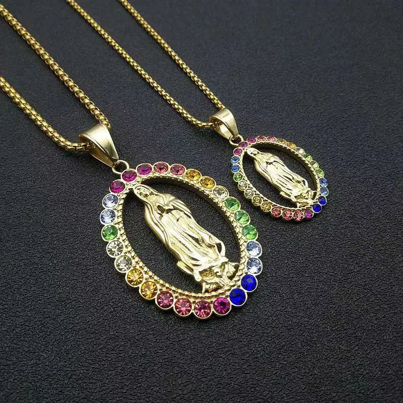 Hip Hop Stainless Steel Gold Cuban Chain Mary Pendant Necklace Crystal Virgin Mary Necklace for Christian Jewelry