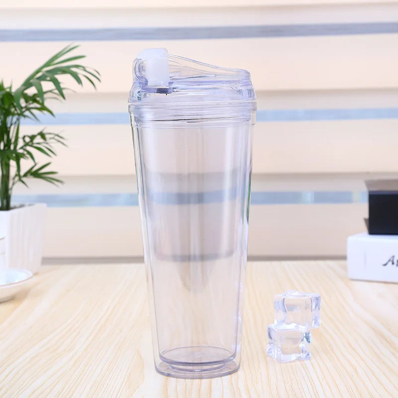 Reusable 16oz Plastic Water Bottle Double Walled Skinny Tumbler with and Lid Acrylic clear Tumbler with Flip Lid