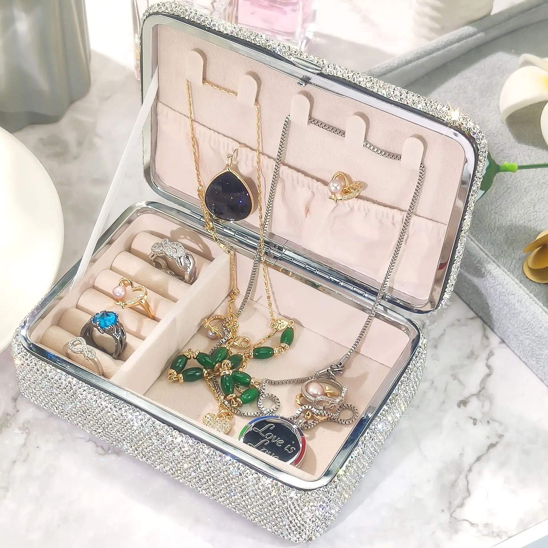 Wholesale Bling Crystal Rhinestone Gift Box Jewelry Box Organizer Necklaces Rings Earrings Storage Boxes for Travel