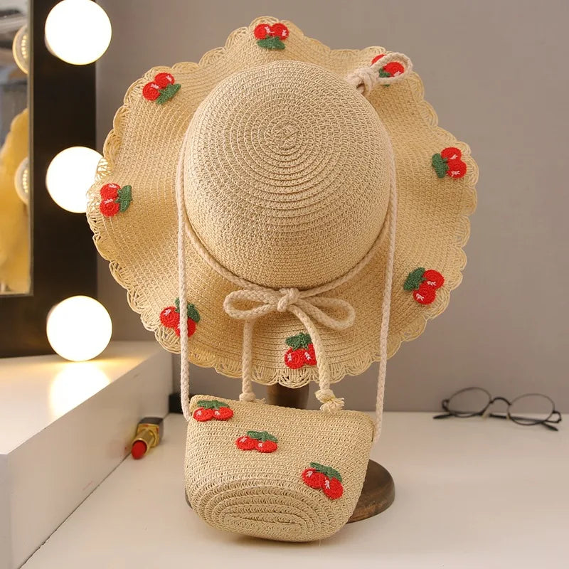 Wholesale Hand-woven Cherry-colored Straw Hat with Wide Brim for Girl. Ideal for Daily Photography and Posting on Social Media
