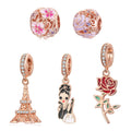 Wholesale 925 Sterling Silver CZ Eiffel Tower Flower Bracelet Charms - Rose Gold Plated Adjustable Jewelry Making Components
