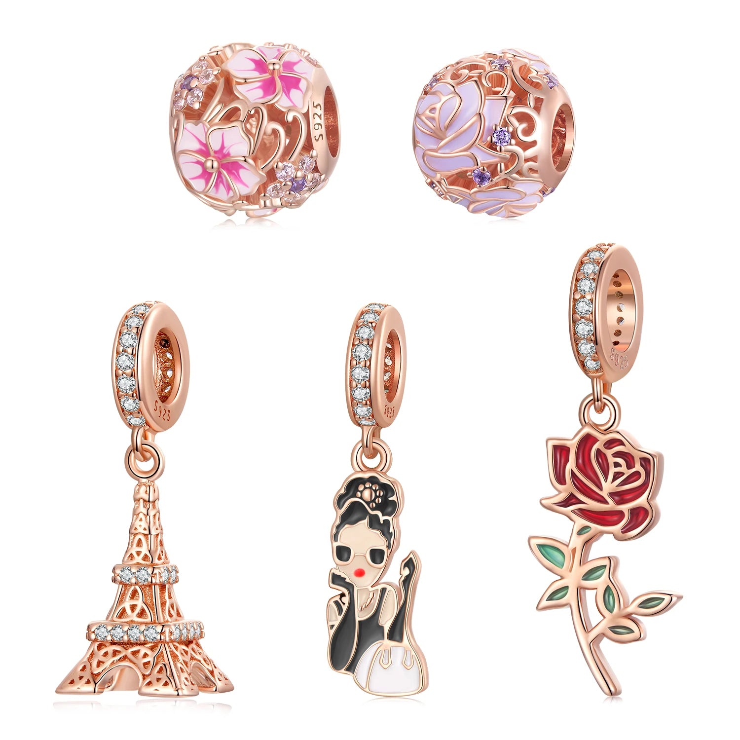 Wholesale 925 Sterling Silver CZ Eiffel Tower Flower Bracelet Charms - Rose Gold Plated Adjustable Jewelry Making Components
