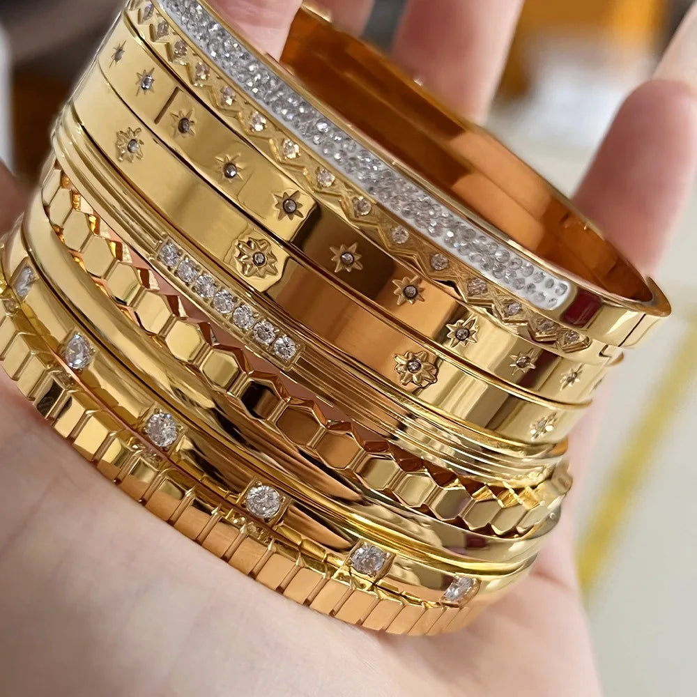 Factory Supply Vintage Gold Filled Star Wide Bangle Bracelet Non Stainless Steel Cubic Zirconia Bracelet Women Jewelry