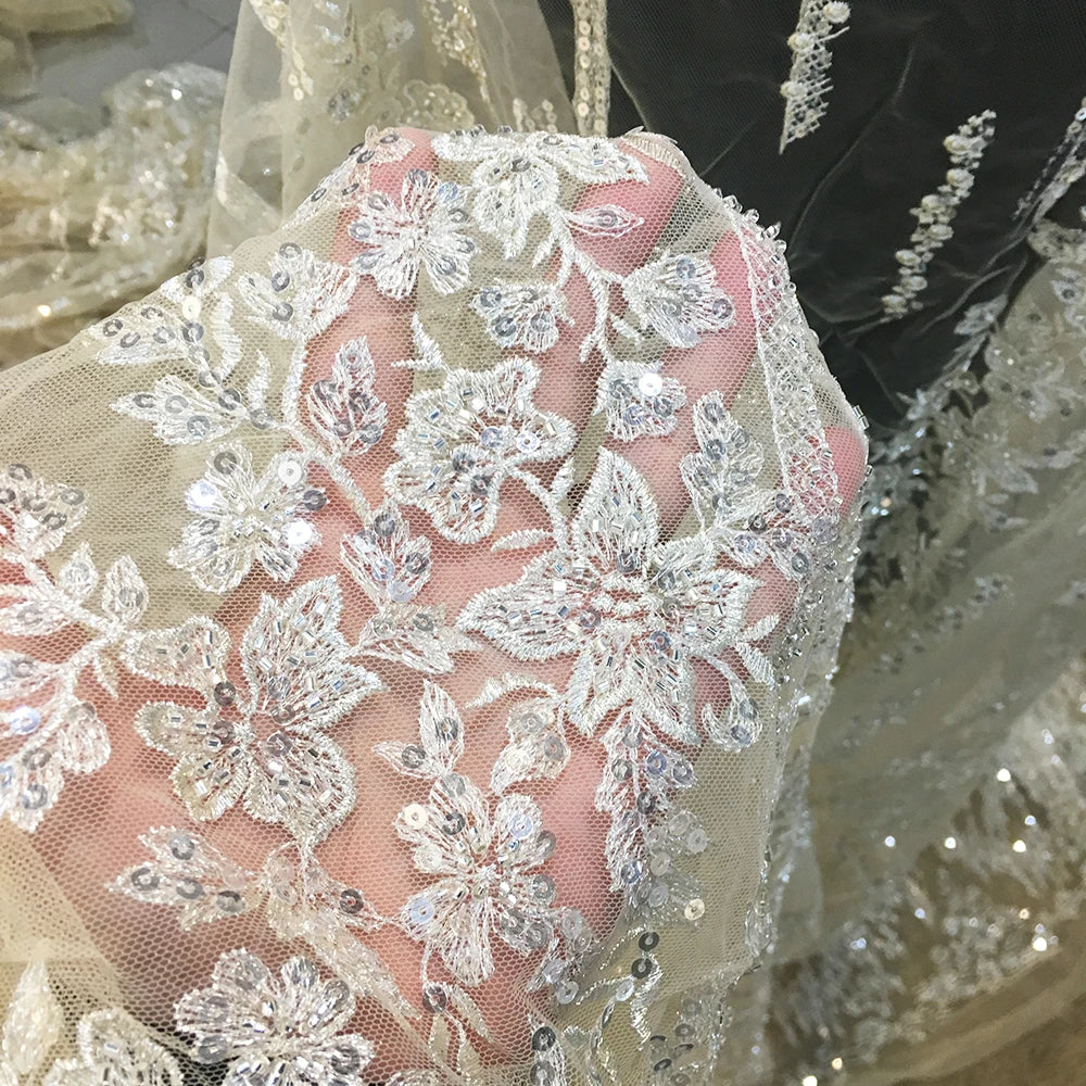Champagne Gold Lace Fabric With Sequins Beaded Nude Wedding Lace Fabric Embroidered Luxury Bridal Fabric