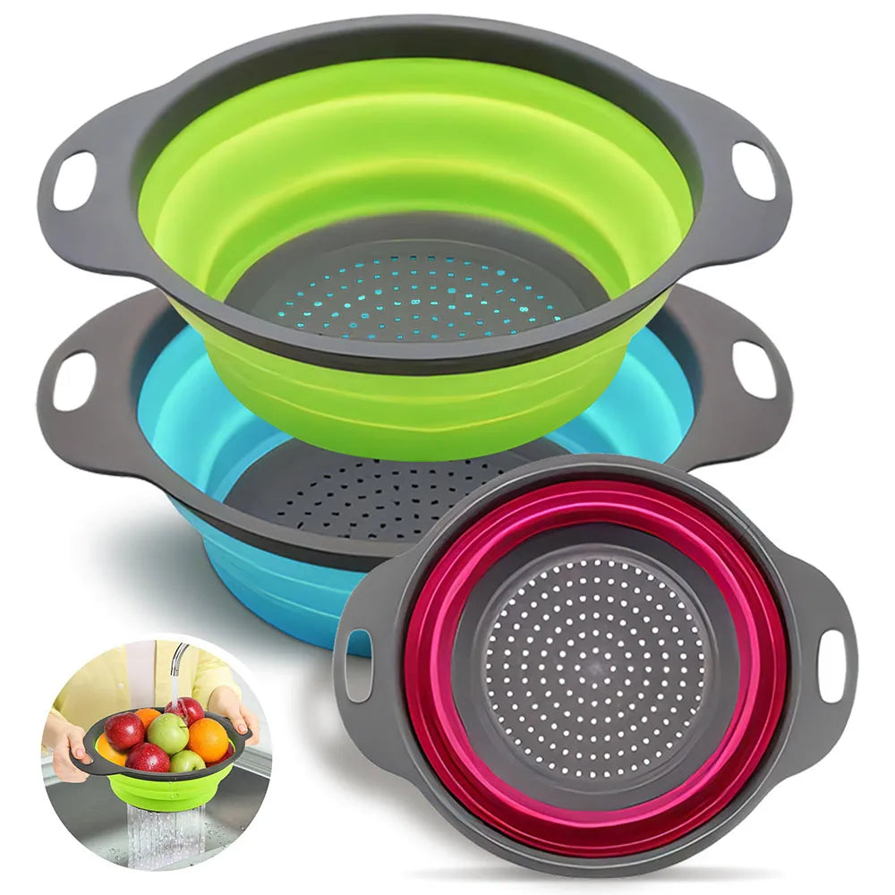 Heat Resistant Food Strainers and Colanders Dishwasher Safe Strainer Collapsible Silicone Kitchen Strainers with Plastic Handles