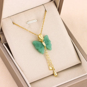 Hot Sale Natural Green Jade Butterfly Pendant 18K Gold Plated Necklace Stainless Steel Butterfly Necklace for Party