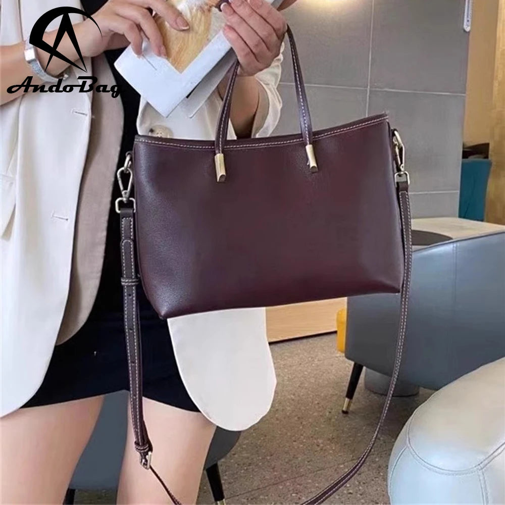 AndoBag Top-Handle Bags for Women Genuine Cow Leather Shoulder Crossbody Bag Fashion Simple Commuting Handbag 9636