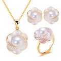 Hot Sale Rolling Flower Natural Freshwater Pearl Earrings Necklace Rings Jewelry Set