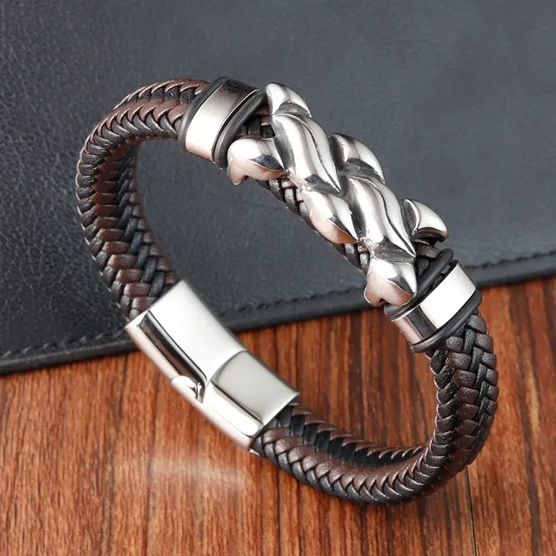 Fashion Jewelry Bracelets Bangles Men's Wristband Custom Stainless Steel Magnetic Clasp Braided Leather Bracelets OT-244