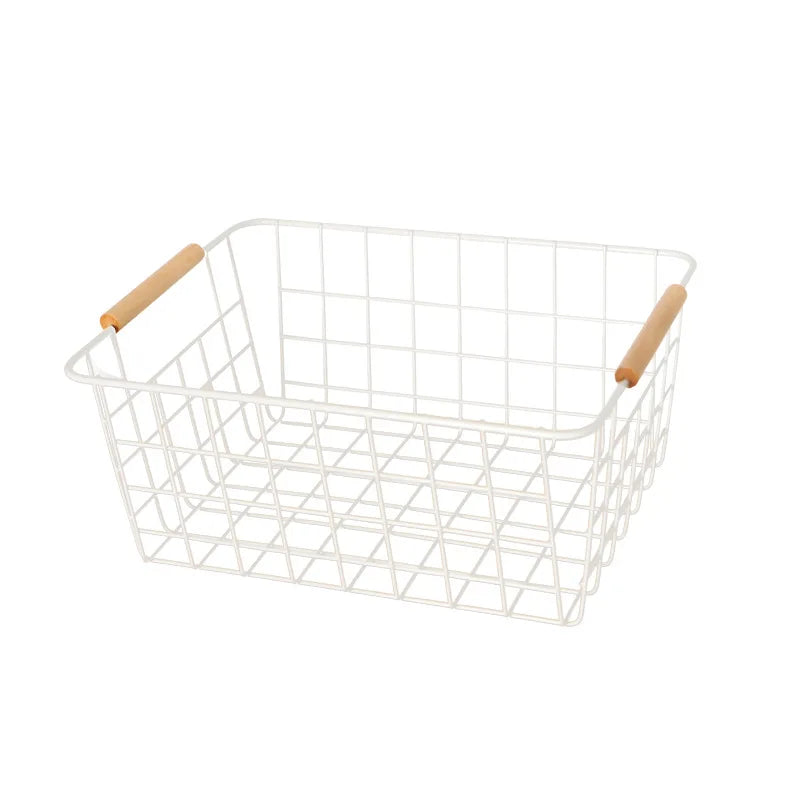 Hot Selling White Metal Wire Food Storage Baskets with Wooden Handles Popular Organizer